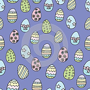 Seamless easter eggs pattern on blue background